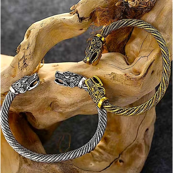 Gold Dragon Viking Head Vintage Norse Arm Band Cuff Bangle Bracelet - Picture 3 of 4